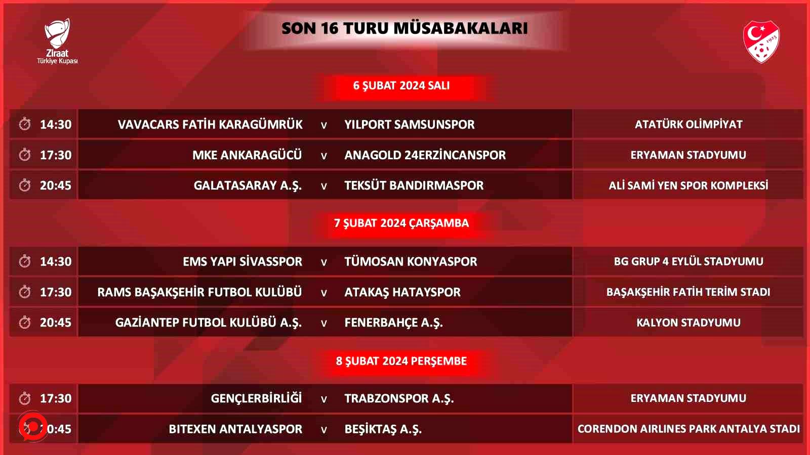 Ziraat Türkiye Kupası Son 16 Turu programı açıklandı