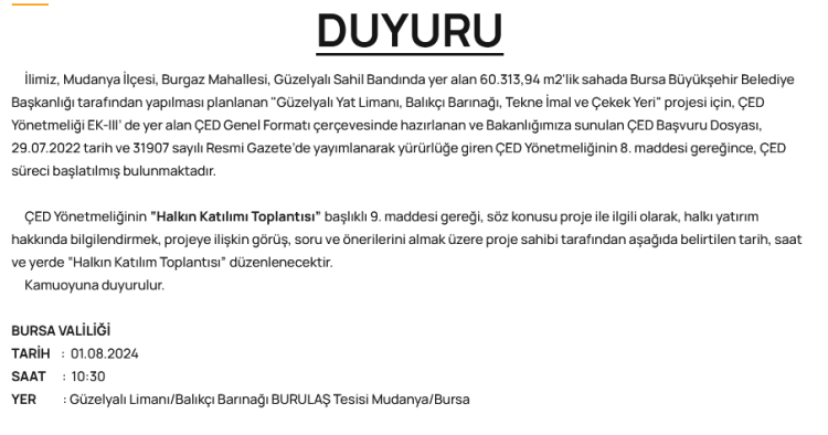 Mudanya Güzelyalı'da çekek yeri için ÇED süreci