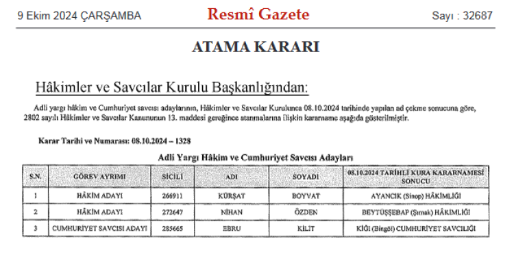 2 hakim 1 Savcı ataması yapıldı