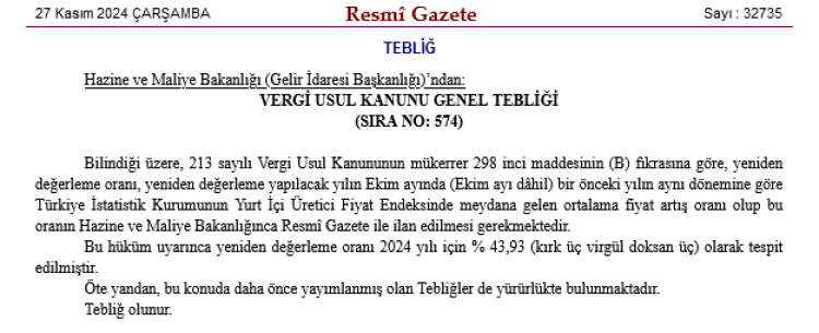 2024 yılı için yeniden değerleme oranı netleşti