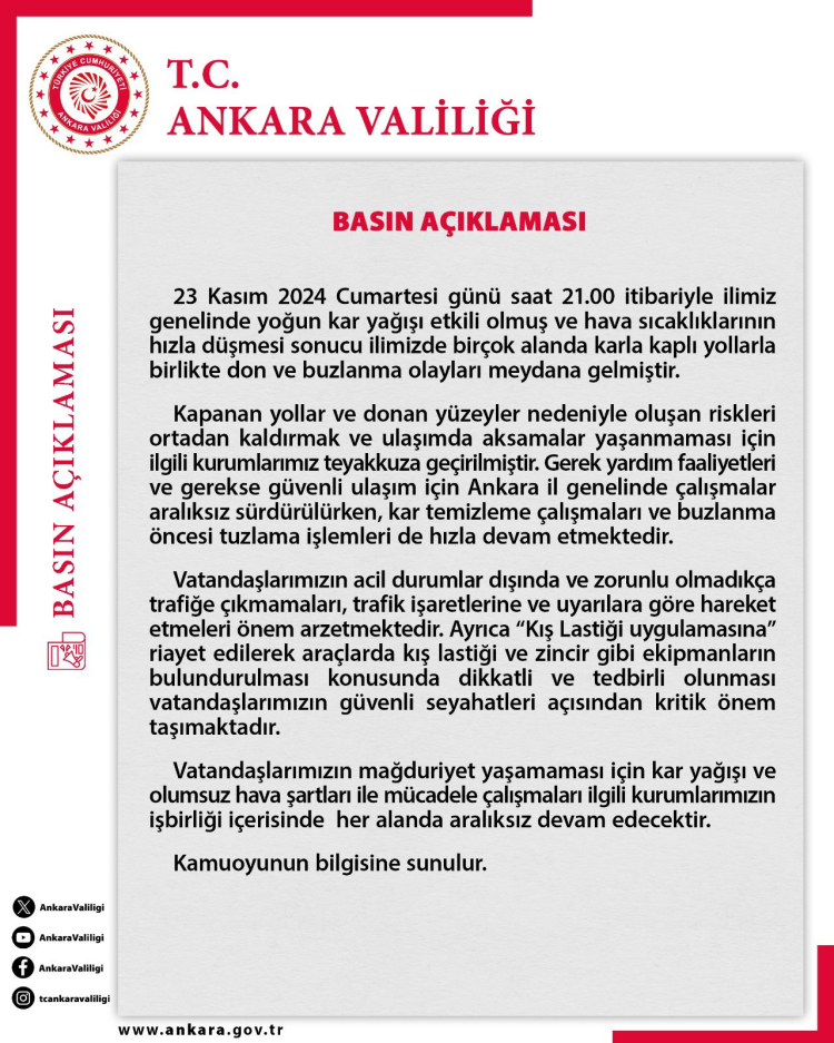 Ankara Valiliği uyardı! Buzlanmaya dikkat!