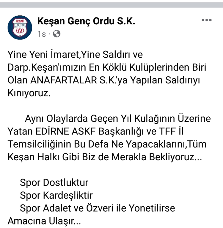 Edirne Süper Amatör'de olaylı maç! Anafartalar'a Keşan kulüplerinden destek