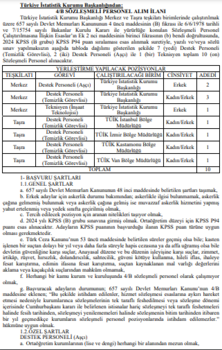 TÜİK 24 personel alacak