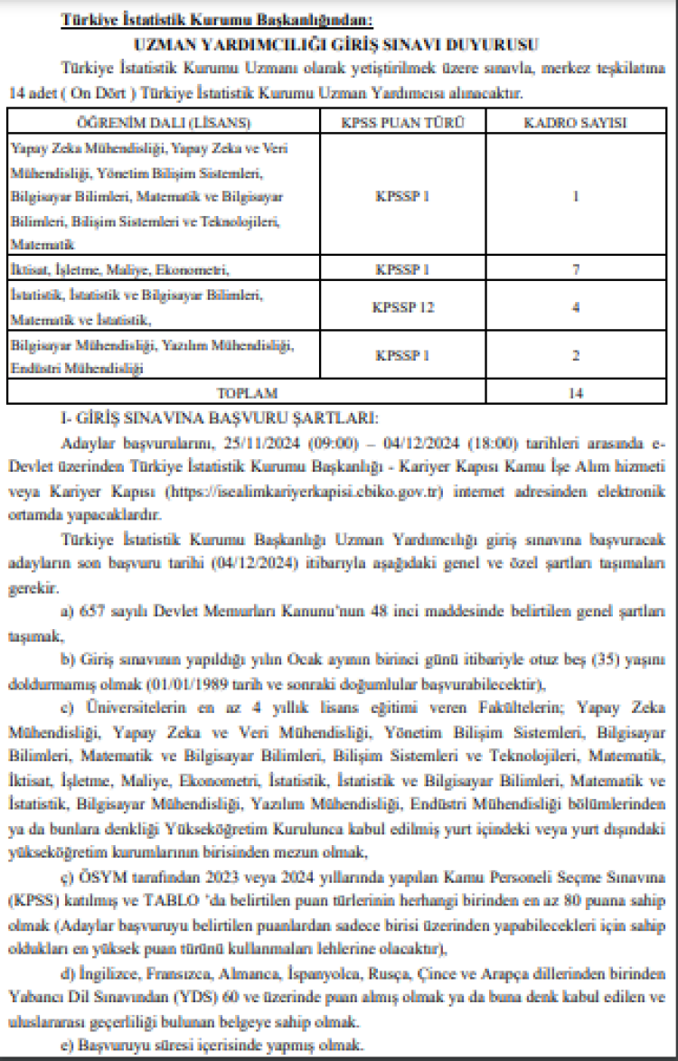 TÜİK 24 personel alacak