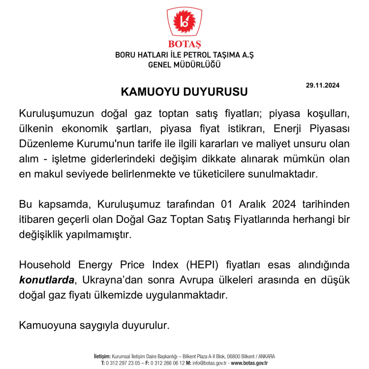 Doğal gaz tarifeyi sabit tuttu