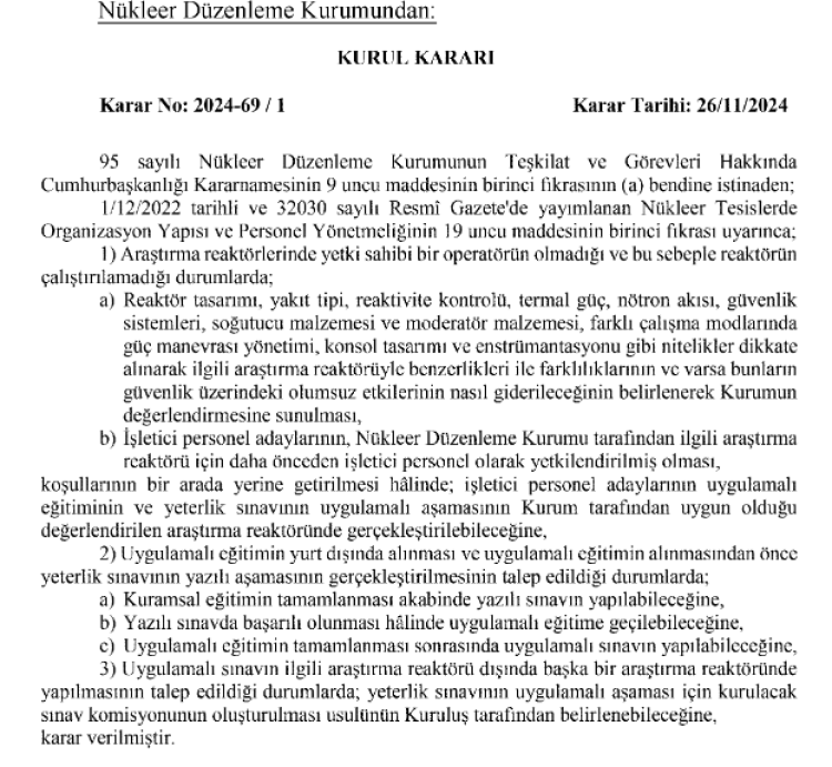 Nükleer Düzenleme Kurumu kurul kararı Resmi Gazete'de