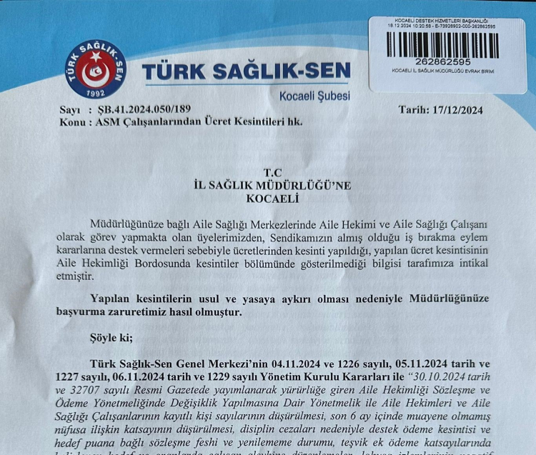 Türk Sağlık-Sen Kocaeli: ASM çalışanları adına mücadeleye devam