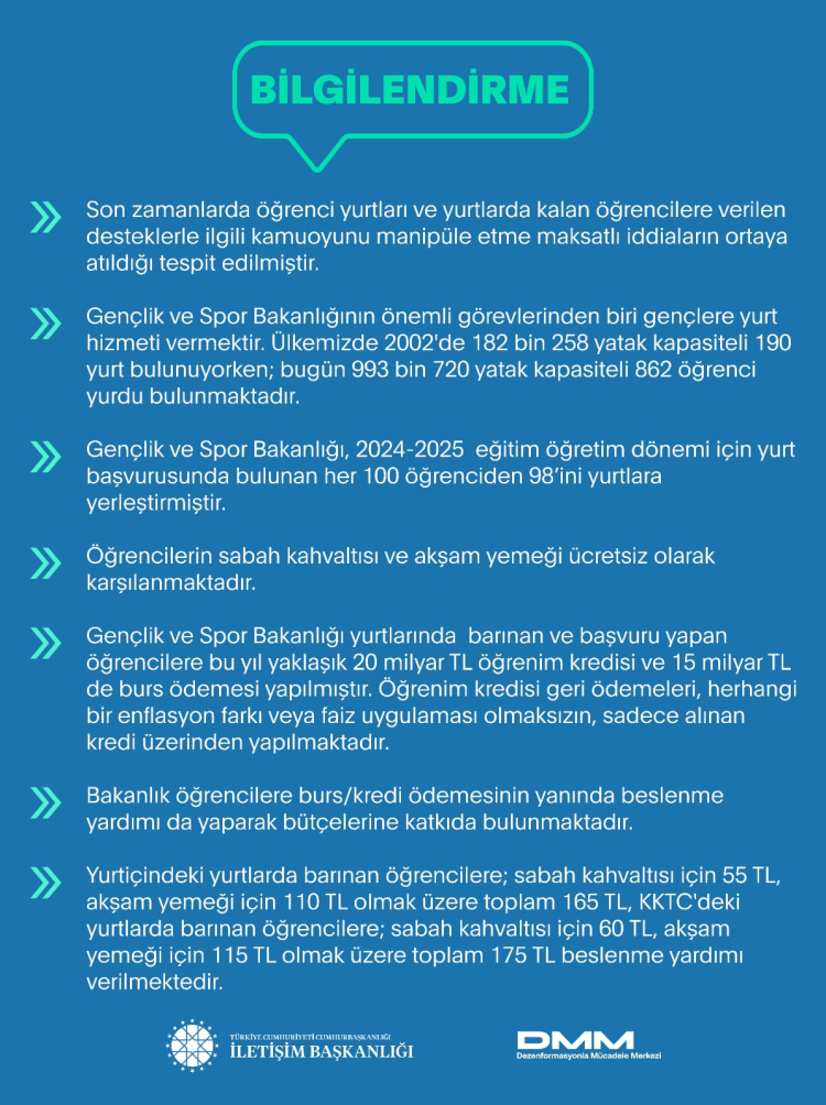 Yurt ve öğrenci desteklerine İletişim'den açıklaam