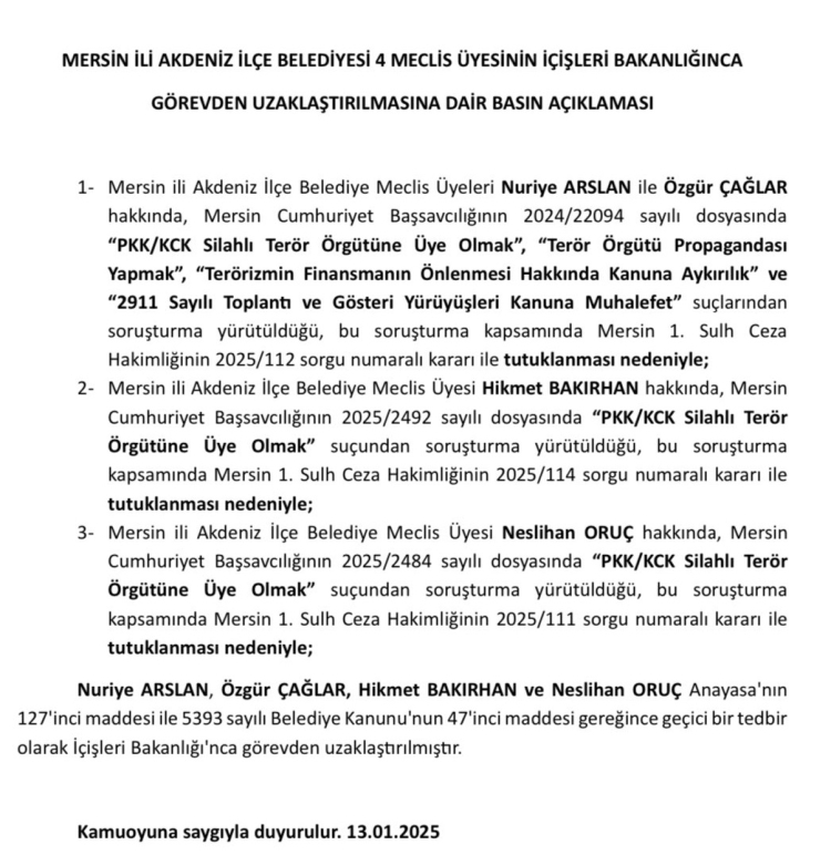 Akdeniz Belediyesi'nde 5 tutuklama! Yeni Başkan Kaymakam Şener atandı