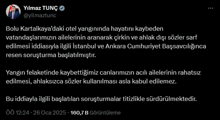 Bakan Tunç açıkladı: Acılı ailelere saygısızlığa re'sen soruşturma