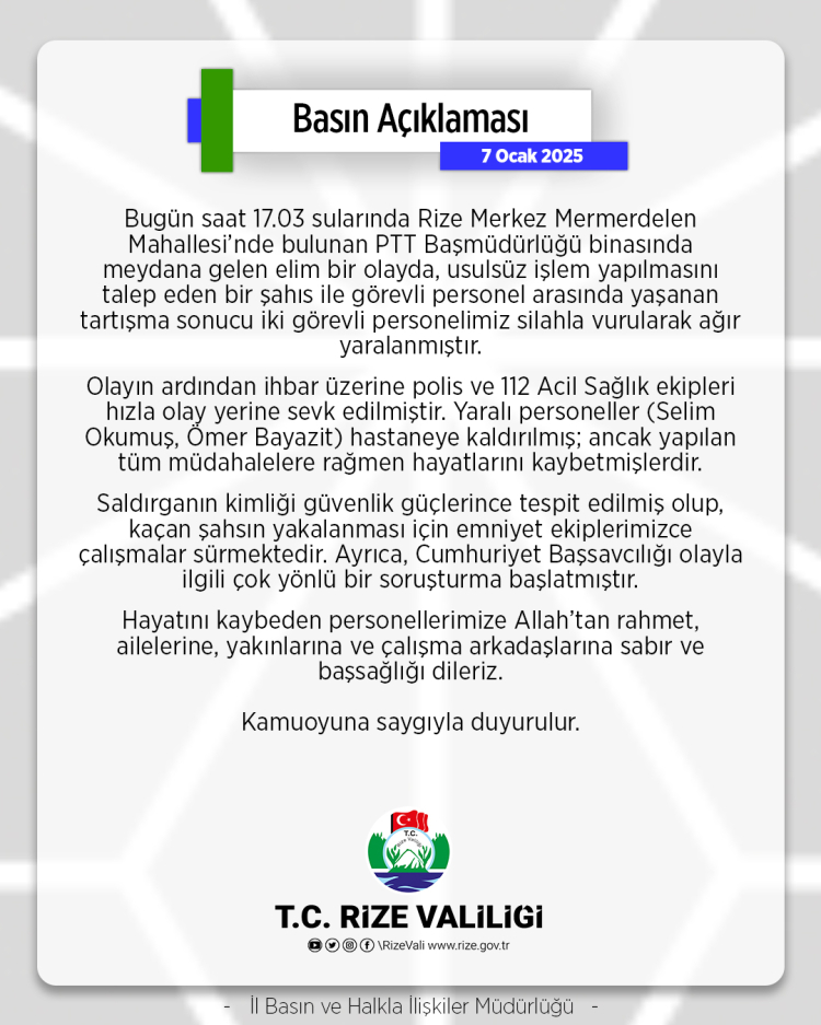 Rize'de PTT'ye saldırı! 2 ölü