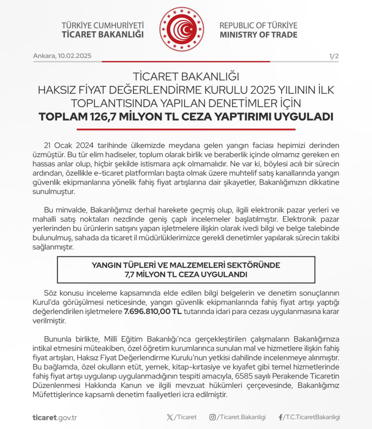 Haksız ve fahiş fiyata 126,7 milyon TL ceza!