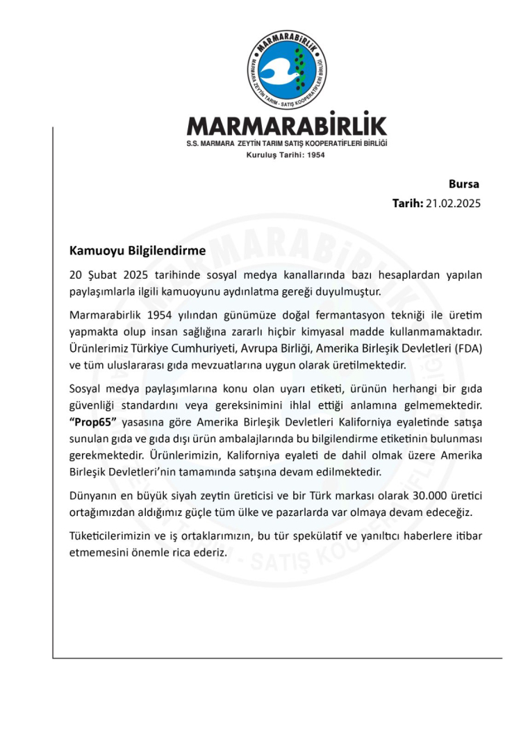 Marmarabirlik'ten ABD'deki 'uyarı etiketi' iddialarına açıklama!