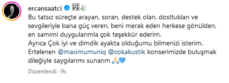 Adli kontrol şartıyla serbest olan Ercan Saatçi'den ilk paylaşım