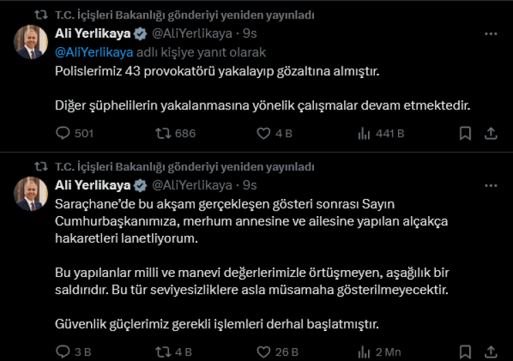 Bakan Yerlikaya: 43 provokatör gözaltında!... Küfür sonrası 'Özel' paylaşım