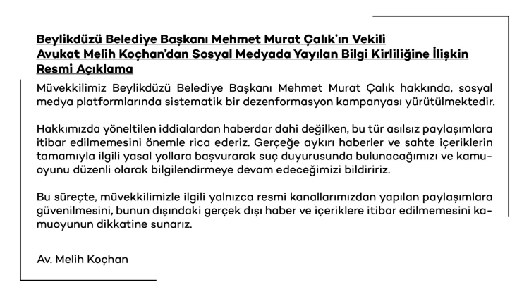 Beylikdüzü Belediye Başkanı Çalık'tan 'bilgi kirliliği' açıklaması