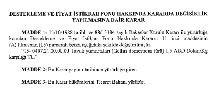 Sofralık yumurta ihracatında fon kesintisi yükseltildi