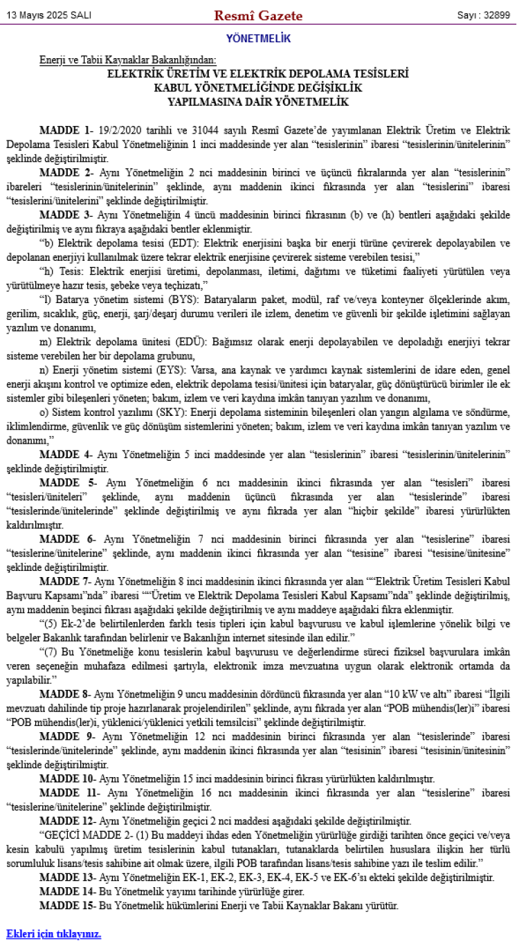 Elektrik üretim ve depolama tesisleri için yeni düzenleme