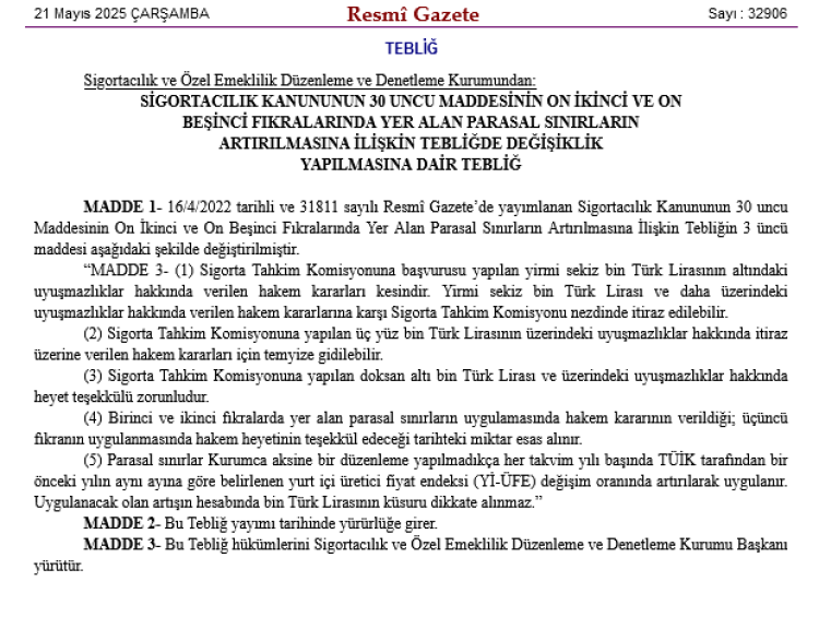 Sigorta tahkiminde parasal sınırlar güncellendi