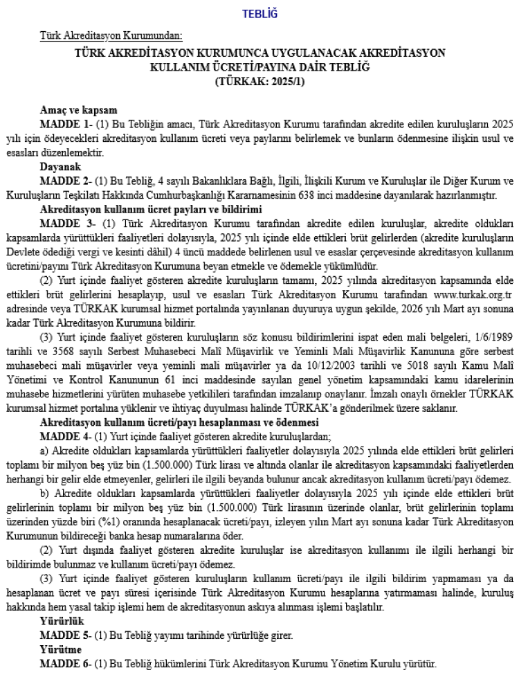 TÜRKAK akreditasyon ücretleri Resmi Gazete'de