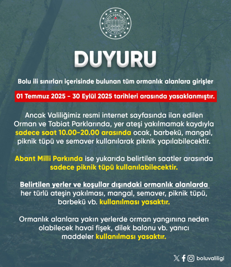 Bolu ormanlarına girişler 30 Eylül'e kadar yasaklandı!