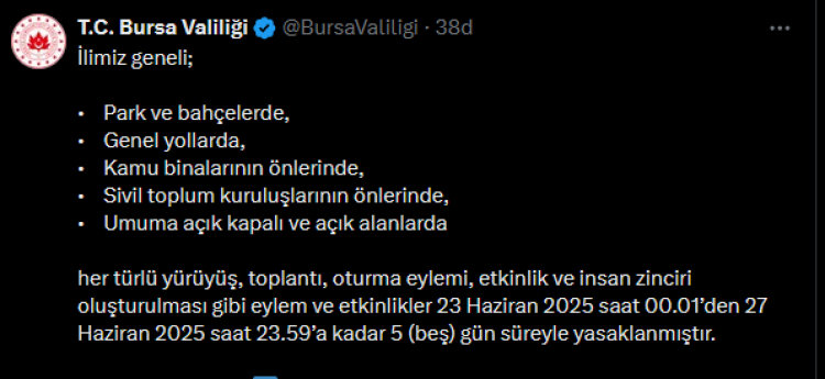 Bursa Valiliği'nden '5 günlük yasak' kararı!