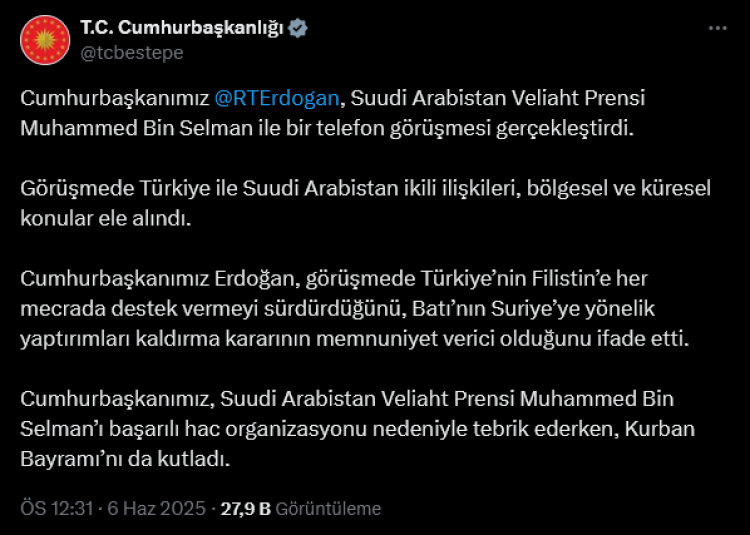 Cumhurbaşkanı Erdoğan Veliaht Prensi ile görüştü