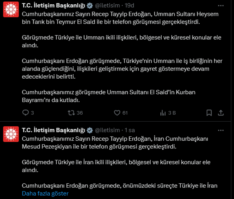 Cumhurbaşkanı Erdoğan'dan İran ve Umman liderleriyle telefon diplomasisi