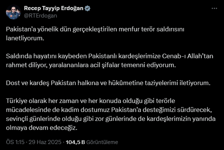 Cumhurbaşkanı Erdoğan’dan Pakistan'daki terör saldırısına kınama