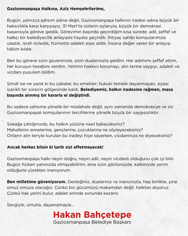 Gaziosmanpaşa'da yönetim değişikliği! Seçilmiş başkandan sert tepki!