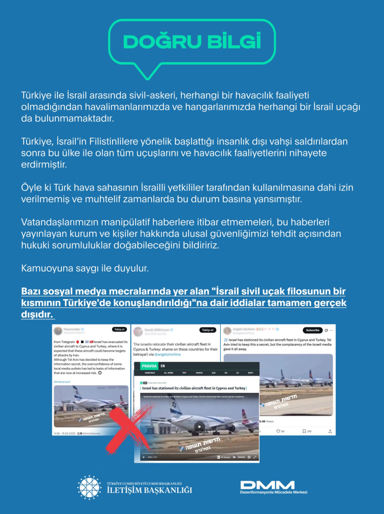 İletişim'den "İsrail Uçakları Türkiye’de" iddialarına yalanlama!
