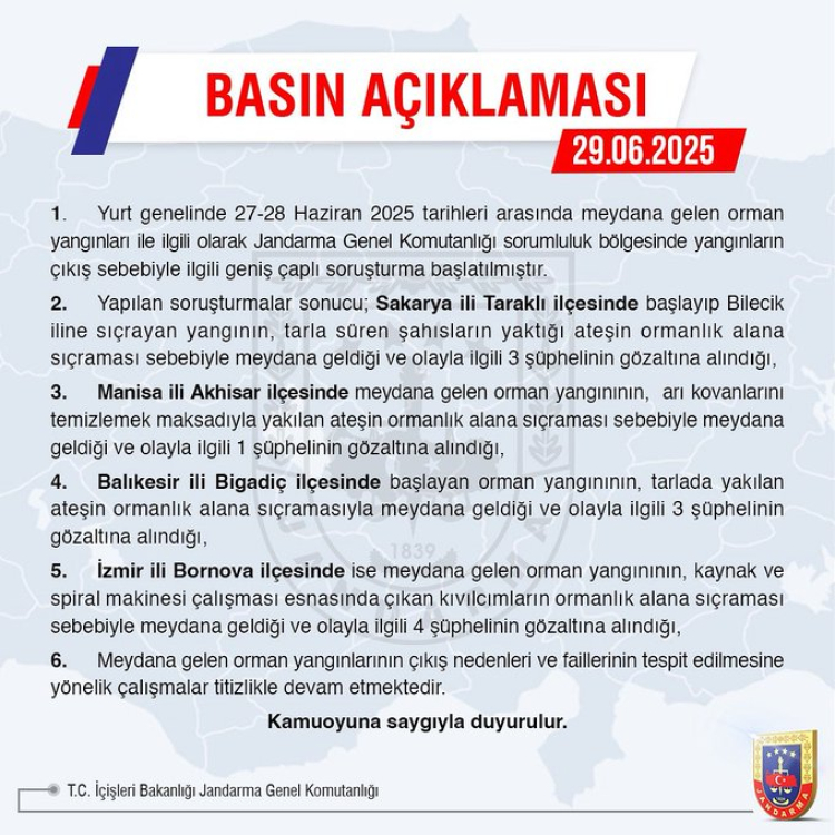Jandarma’dan orman yangınlarına ilişkin soruşturma: 11 gözaltı!
