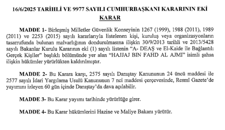 Malvarlığı dondurma listesinde değişiklik Resmi Gazete'de
