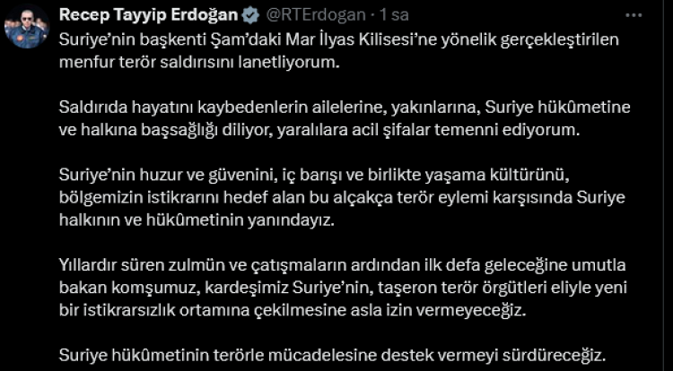 Şam’daki kilise saldırısına Cumhurbaşkanı Erdoğan'dan kınama