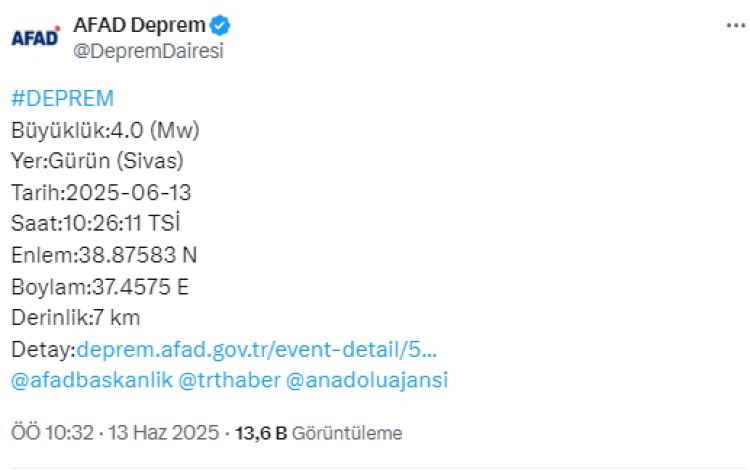 Sivas Gürün 4 büyüklüğünde sallandı!