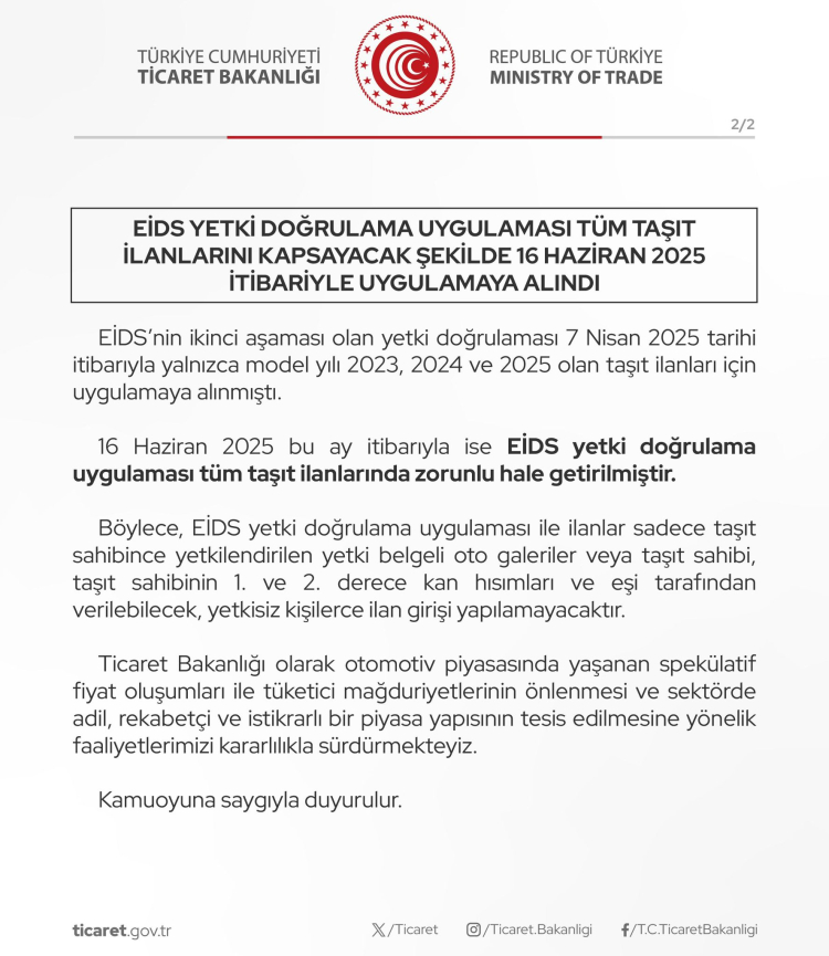 Ticaret'ten sahte ilanlara karşı dev adım... EİDS ile tüm taşıt ilanlarında yetki doğrulama zorunlu
