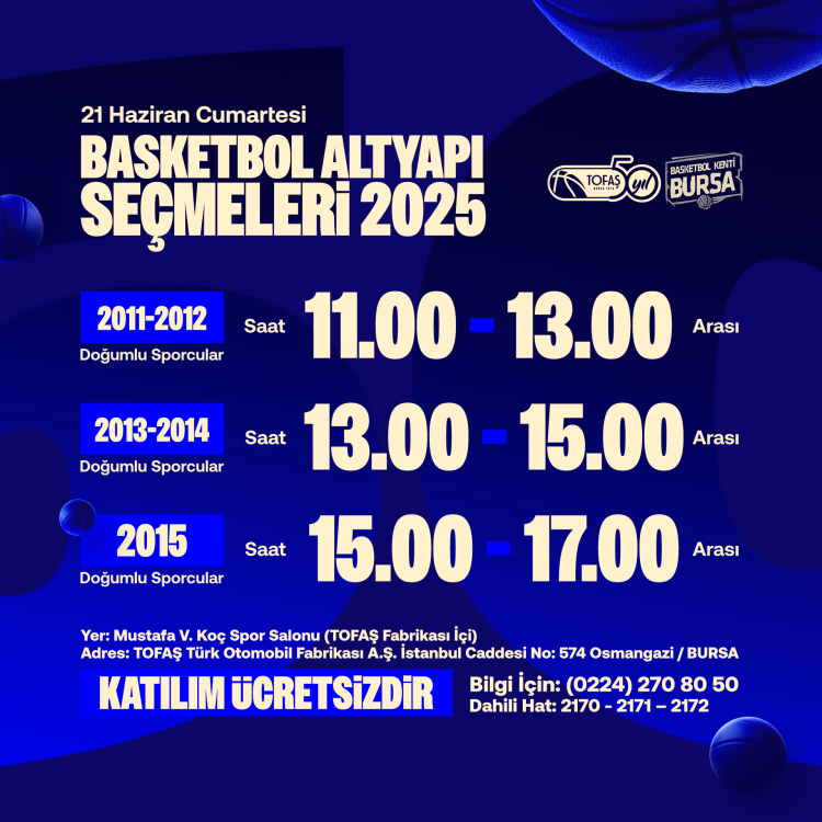 TOFAŞ basketbol altyapı 2025 seçmelerı̇ 21 Hazı̇ran'da