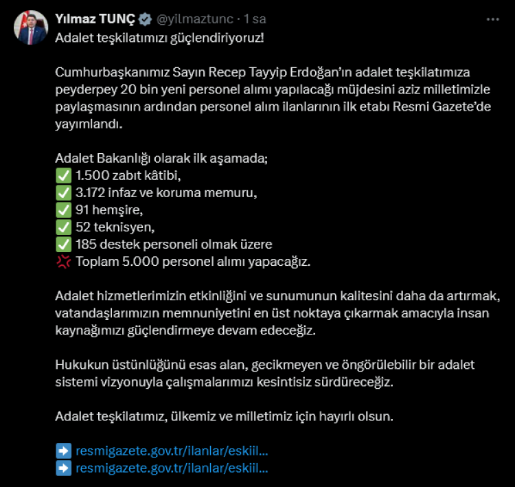 Adalet'e 5 bin yeni personel alınacak