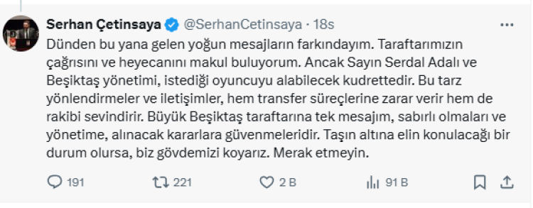 Beşiktaş taraftarından Seyhan Çetinsaya’ya Orkun Kökçü çağrısı