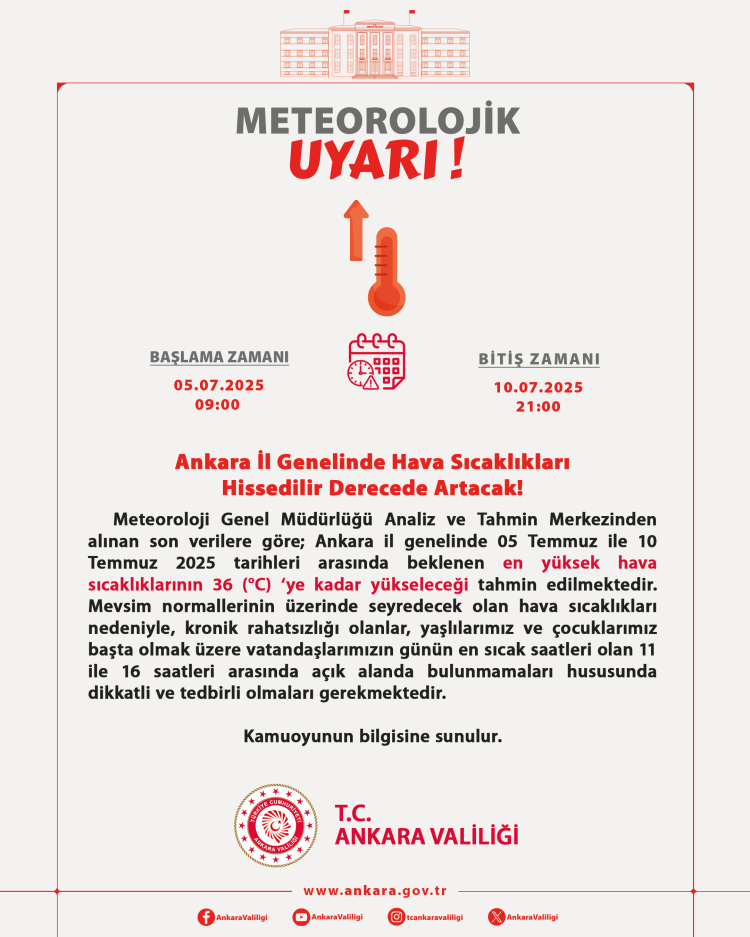 Bir sıcaklık uyarısı da Ankara'dan...