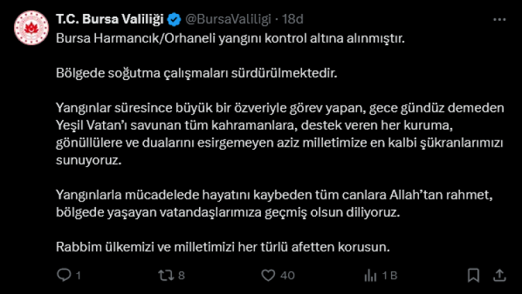 Bursa Valiliği'nden yangınlarla mücadeleye teşekkür