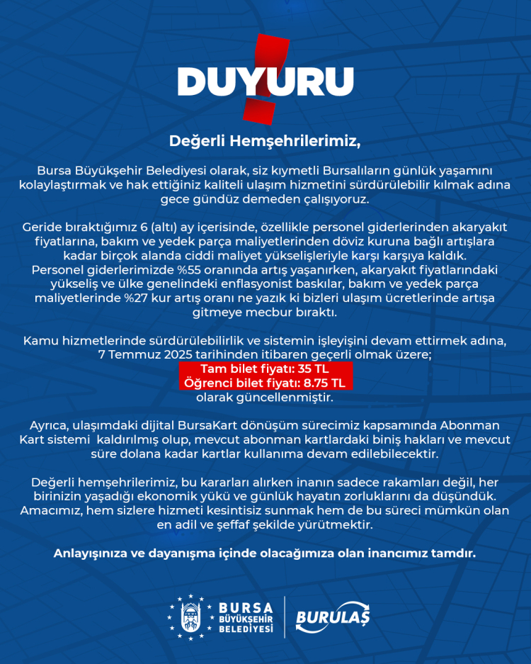 Bursa'da ulaşıma zam! Abonman kart sistemi de kaldırıldı!