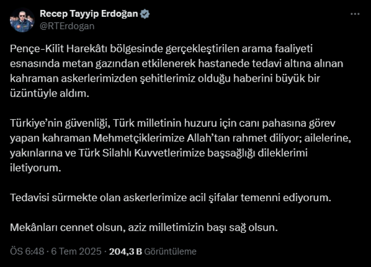 Cumhurbaşkanı Erdoğan'dan Pençe-Kilit şehitlerine taziye