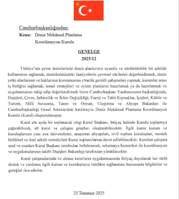 Deniz Mekânsal Planlama Koordinasyon Kurulu kuruldu