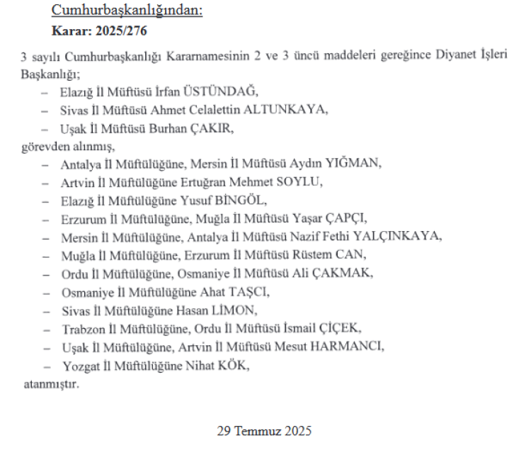 Diyanet 12 il müftülüğüne atama yaptı