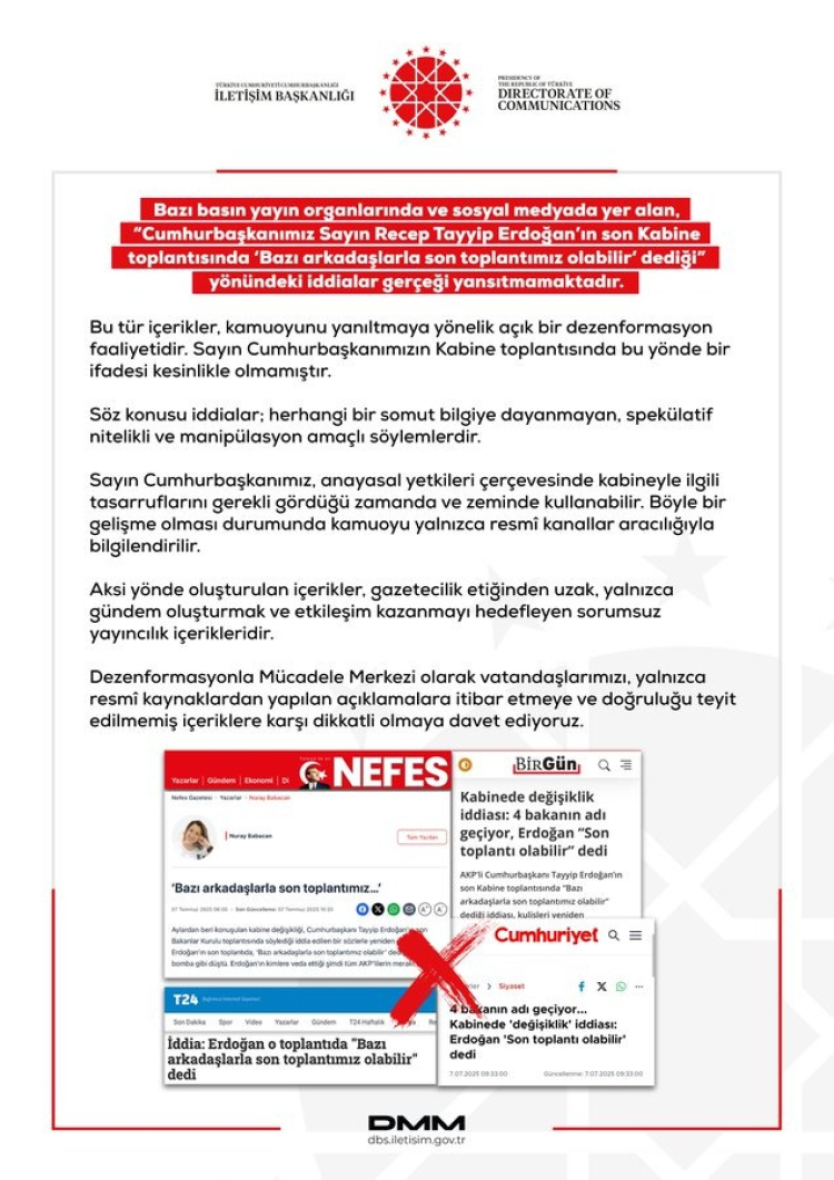 DMM'den "Erdoğan’ın Kabine açıklaması" iddiasına yalanlama