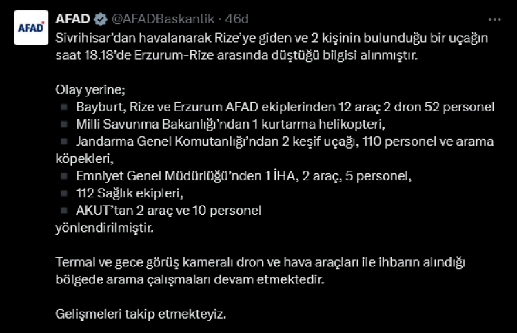 Erzurum-Rize arasında uçak kazası! AFAD: Arama çalışmaları yoğunlaştı