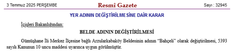 Gümüşhane’de Arzularkabaköy Beldesi’nin adı “Bahçeli” oldu... Arzularkabaköy artık 'Bahçeli'