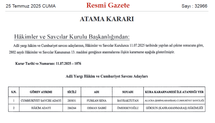 HSK’dan adli yargıda iki adaya atama