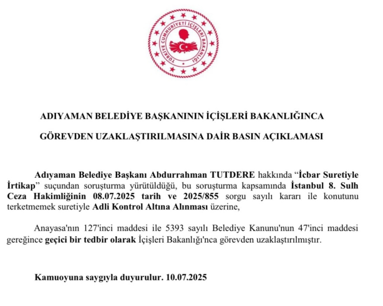 İçişleri, Adıyaman'ı da görevden uzaklaştırdı